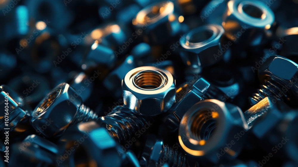 3D Render of Shiny Blue and Gold Nuts, Bolts, and Fasteners in Pile with Metallic Colors and Cinematic Lighting 3D Render of Shiny Blue and Gold Nuts, Bolts, and Fasteners in Pile with Metallic Colors and Cinematic Lighting