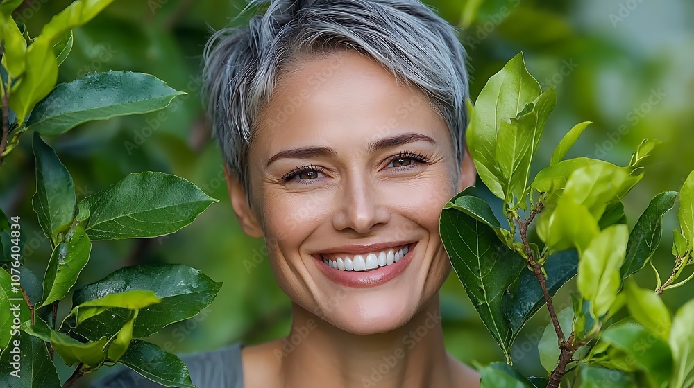 The woman with short, pixie cut hair beams with a radiant smile as she basks in the midst of vibrant green foliage, creating a picturesque scene of natural beauty and joy. The woman with short, pixie cut hair beams with a radiant smile as she basks in the midst of vibrant green foliage, creating a picturesque scene of natural beauty and joy.