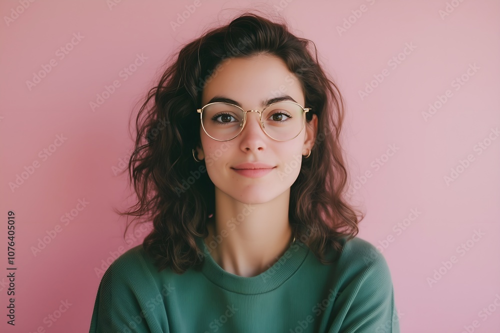 Obraz premium Portrait of young beautiful brunette female model with glasses posing isolated on pink background