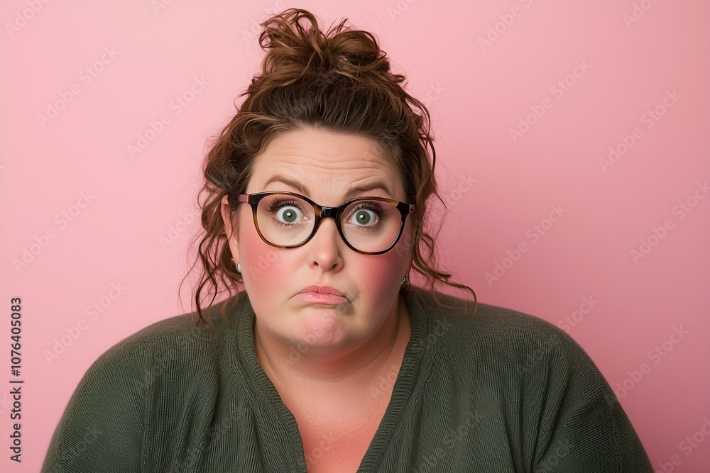 Portrait of a beautiful overweight female model with shocked facial expression posing on pink background Portrait of a beautiful overweight female model with shocked facial expression posing on pink background