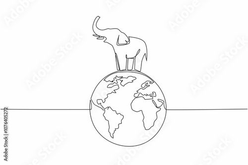 Continuous one line drawing globe with elephant on top. Stop poaching ivory as souvenirs. Irresponsible action. Comfortable habitat. World Wildlife Day. Single line draw design vector illustration