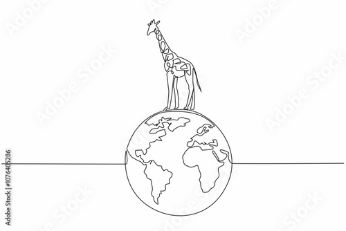 Single continuous line drawing globe with giraffe on top. Preserve forests and savannas. Stop illegal logging. Natural habitat. Biodiversity. World Wildlife Day. One line design vector illustration