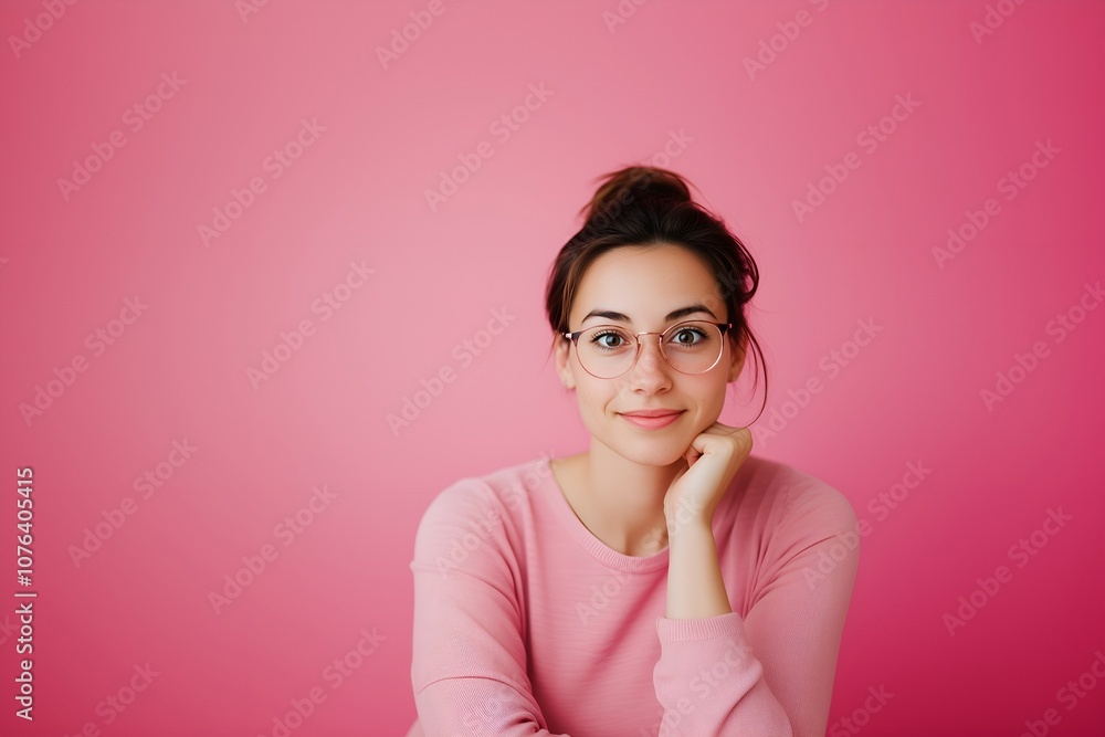 Portrait of young beautiful brunette female model with glasses posing isolated on pink background Portrait of young beautiful brunette female model with glasses posing isolated on pink background