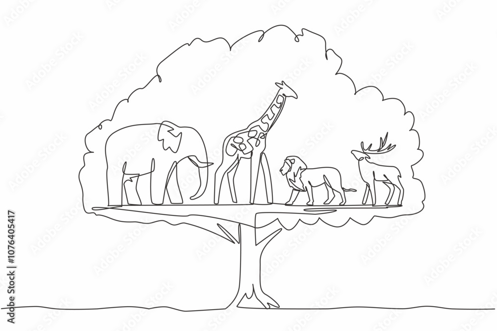 Naklejka premium Single one line drawing in the leaves of the big tree there are giraffe, elephant, deer and lion. Eternity in the shady tree. Balance. World Wildlife Day. Continuous line design graphic illustration