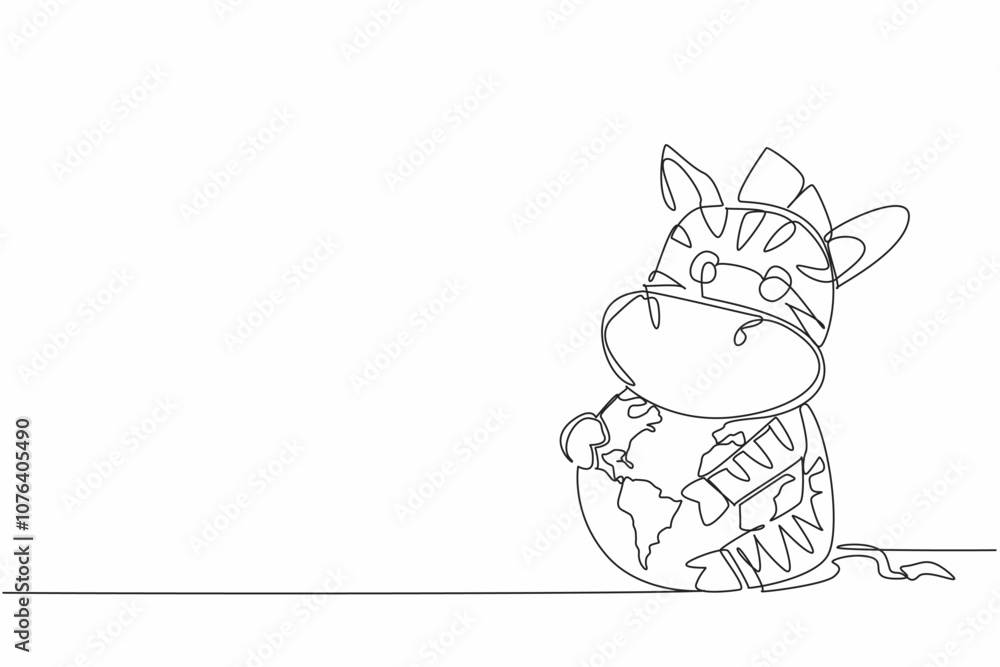Single continuous line drawing cute zebra hugging globe. The vast and green grassland is the best place for them. Prevent them from extinction. World Wildlife Day. One line design vector illustration Single continuous line drawing cute zebra hugging globe. The vast and green grassland is the best place for them. Prevent them from extinction. World Wildlife Day. One line design vector illustration