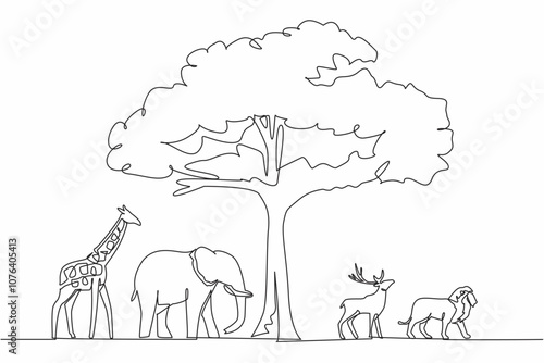 Continuous one line drawing big tree in middle of giraffe, elephant, deer, lion. Shady and leafy trees maintain the balance of nature. World Wildlife Day. Single line draw design vector illustration.
