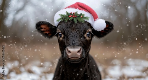 Festive cow with santa hat and holly