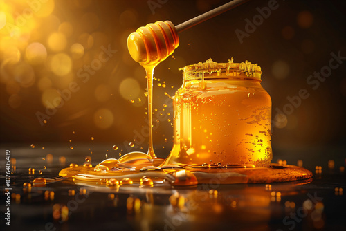 Jar of clear golden orange honey flowing with wooden dipper on blurred background. Glass bowl full of sweet liquid nectar puddle and wooden. Product photography with copy space stick. photo