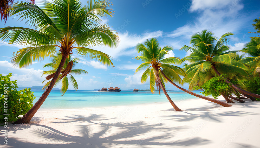 Obraz premium Beautiful tropical beach banner. White sand and coco palms travel tourism wide panorama background concept. Amazing beach landscape 