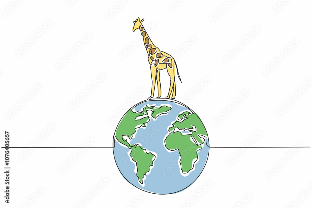 Naklejka premium Single continuous line drawing globe with giraffe on top. Preserve forests and savannas. Stop illegal logging. Natural habitat. Biodiversity. World Wildlife Day. One line design vector illustration