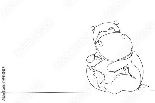 Single one line drawing cute hippopotamus hugging globe. Maintaining ecological balance. Save the earth to be comfortable home for them. World Wildlife Day. Continuous line design graphic illustration