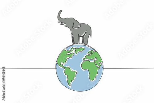 Continuous one line drawing globe with elephant on top. Stop poaching ivory as souvenirs. Irresponsible action. Comfortable habitat. World Wildlife Day. Single line draw design vector illustration