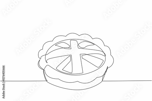 Single continuous line drawing Great Britain flag shaped pie surface in a round pan. The golden brown color invites anyone to try it. Celebration. British Pie Week. One line design vector illustration