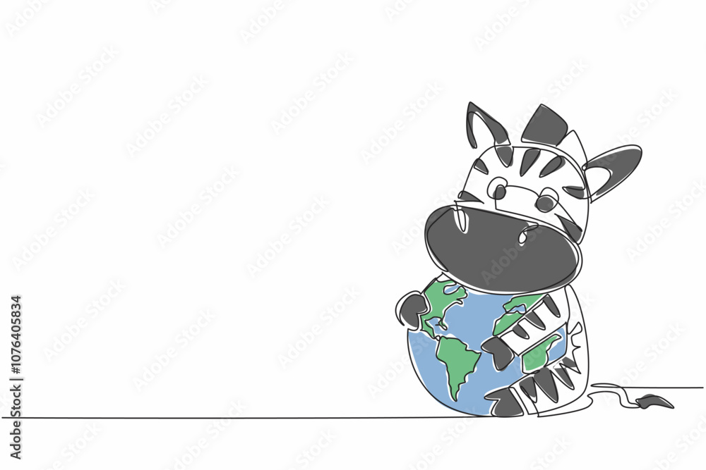 Fototapeta premium Single continuous line drawing cute zebra hugging globe. The vast and green grassland is the best place for them. Prevent them from extinction. World Wildlife Day. One line design vector illustration