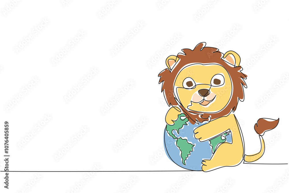 Naklejka premium Single one line drawing cute lion hugging globe. Stop destroying nature. For sake of sustainability of the food chain. Avoid extinction World Wildlife Day. Continuous line design graphic illustration