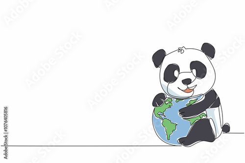 Single continuous line drawing cute lion hugging globe. Stop cutting down bamboo trees at will. Let them live comfortably. Ecosystem. Habitats. World Wildlife Day. One line design vector illustration