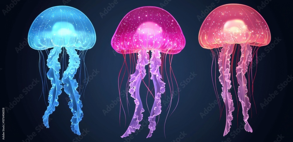 Glowing jellyfish in dark underwater scene Glowing jellyfish in dark underwater scene