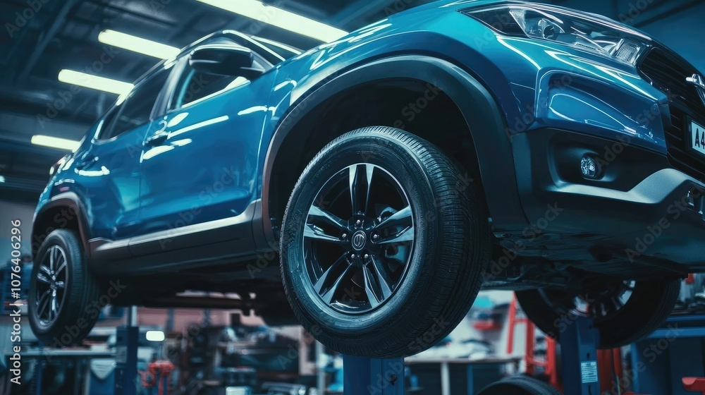 Close-Up of Mechanic Changing Wheel on Blue Sport SUV in Garage, Vehicle on Lifting Platform with New Black Tire Close-Up of Mechanic Changing Wheel on Blue Sport SUV in Garage, Vehicle on Lifting Platform with New Black Tire