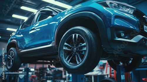 Close-Up of Mechanic Changing Wheel on Blue Sport SUV in Garage, Vehicle on Lifting Platform with New Black Tire