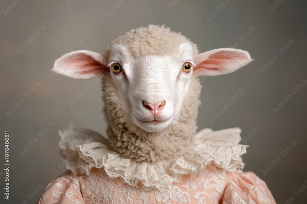 Fototapeta premium Adorable fluffy sheep with pink ears and big eyes