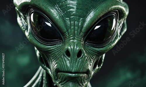 Closeup of a dark green alien on a dark background. 3d animation video. photo