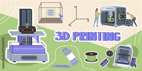 Collage of 3d printing. 3d printers, plastic wire and computer modeling. 3D printing concept. Hand drawing holiday illustration for banner, poster