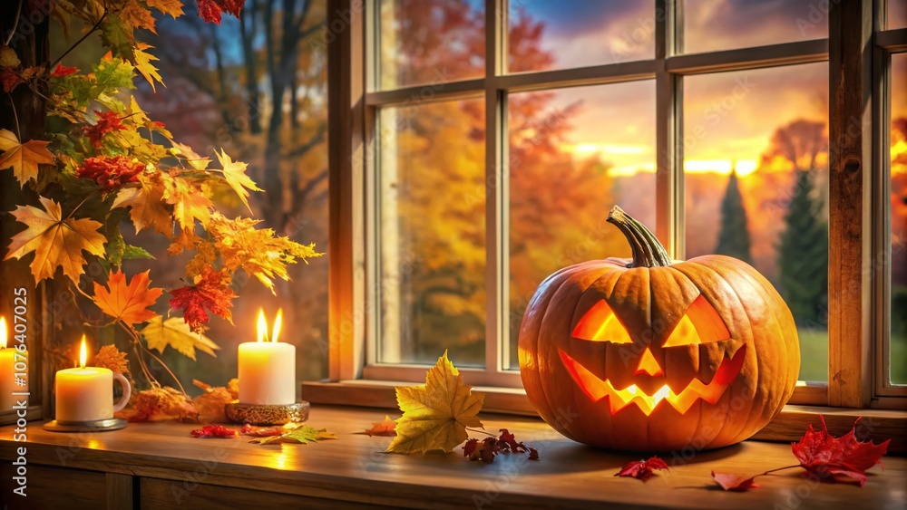 Obraz premium Captivating Halloween Pumpkin Display on a Cozy Window Sill with Autumn Leaves and Soft Evening Light for Festive Fall Decor