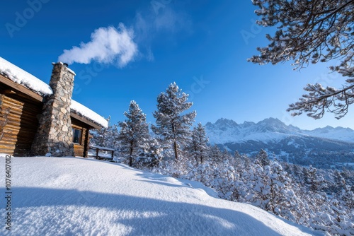 Snowy mountain cabin in winter wonderland