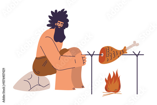 Primitive Man Character and Caveman in Loincloth Frying Meat on Fire Vector Illustration