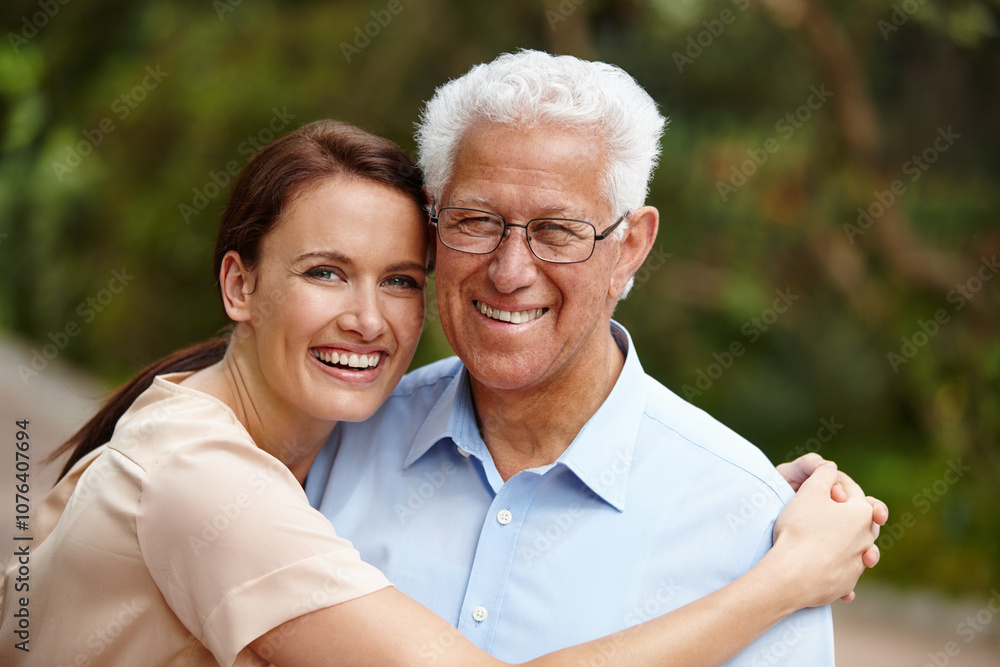 Outdoor, senior father and daughter with happiness on portrait for bonding, support and care in France. Garden, family and hug parent with woman on visit at nursing home for wellness or retirement Outdoor, senior father and daughter with happiness on portrait for bonding, support and care in France. Garden, family and hug parent with woman on visit at nursing home for wellness or retirement