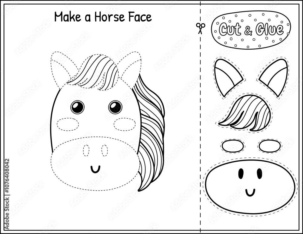 Make a horse face black and white game for kids. Cut and glue