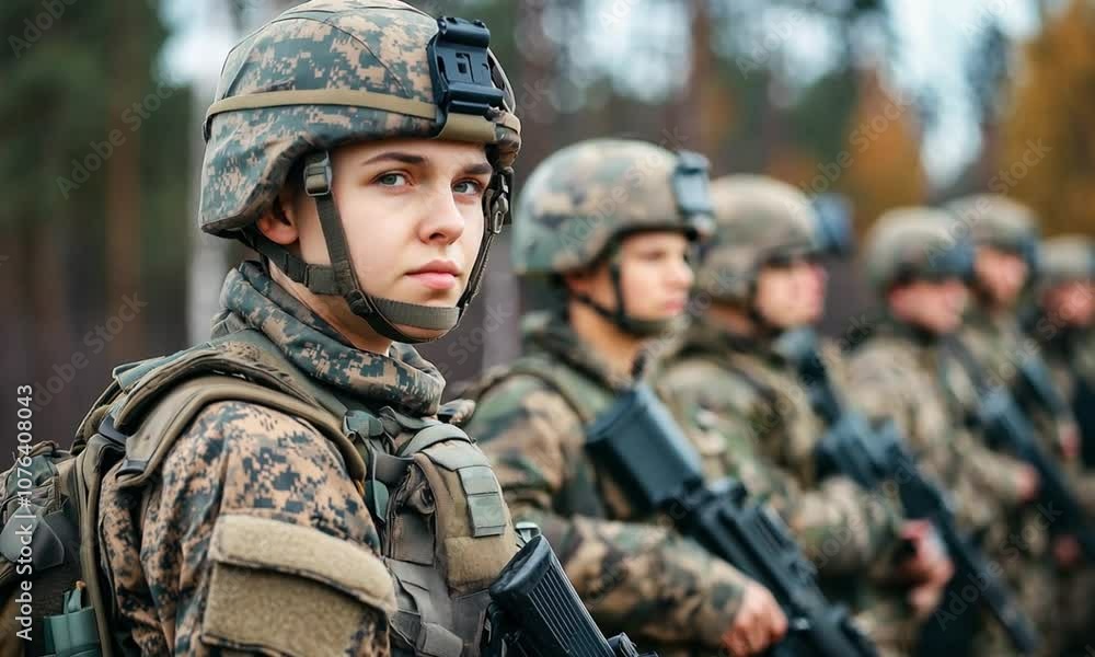 A military woman in a camouflage uniform, a bulletproof vest and a helmet with a rifle stands in formation against the backdrop of an autumn forest with space for text. A military woman in a camouflage uniform, a bulletproof vest and a helmet with a rifle stands in formation against the backdrop of an autumn forest with space for text.