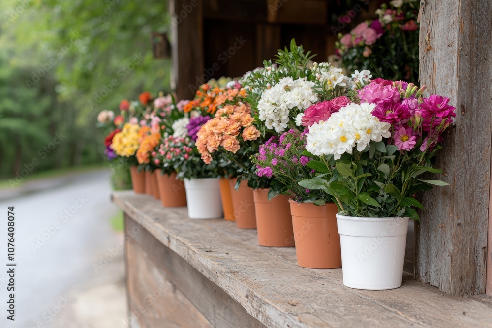 Colorful flower pots on a rustic wooden bench Colorful flower pots on a rustic wooden bench