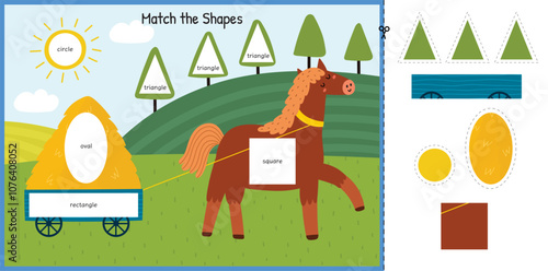 Match the shapes game for kids with a cute horse. Cut and glue activity page for preschool. Learning geometric shapes worksheet with a farm character. Vector illustration
