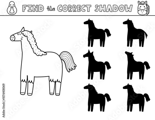 Find the correct shadow black and white activity page for kids with a cute horse. Shadow matching game in outline with a farm character. Vector illustration