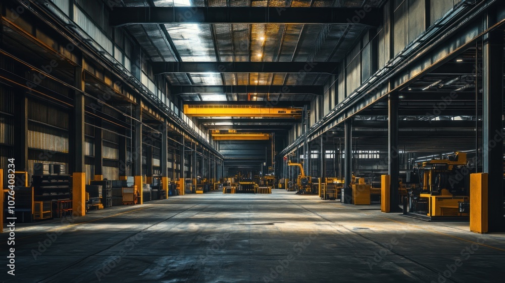 Industrial Warehouse Interior with Yellow Overhead Cranes Industrial Warehouse Interior with Yellow Overhead Cranes