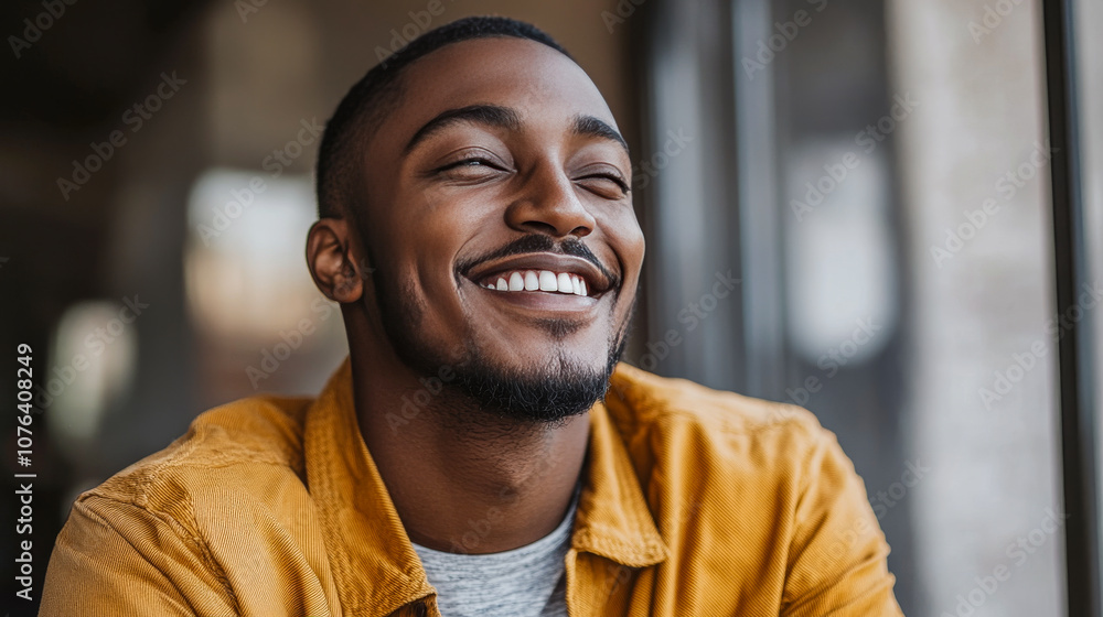 Laughing Man in Minimalist Space, Candid and Cheerful Laughing Man in Minimalist Space, Candid and Cheerful