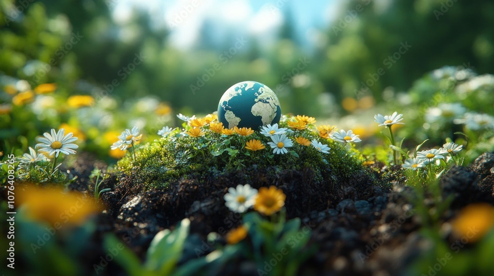 A miniature Earth surrounded by vibrant flowers in nature. A miniature Earth surrounded by vibrant flowers in nature.