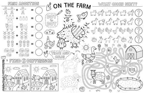 On the farm placemat with cute animals. Farm activity mat for kids with dot to dot, find 5 differences, maze and other games. Vector illustration