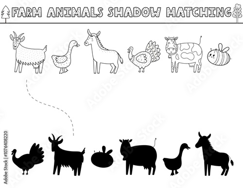 Find the correct shadow black and white activity page with cute farm animals. Farm characters matching game in outline for kids. Search the silhouette puzzle. Vector illustration