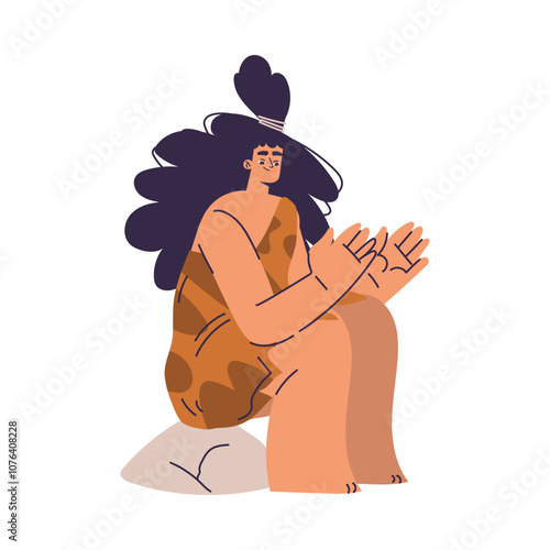 Primitive Woman Character and Caveman in Loincloth Sit on Stone Vector Illustration