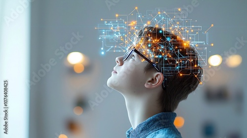 Side profile of a young man wearing glasses looking upward with a digital network overlay of glowing lines and nodes on his head symbolizing advanced thinking and intelligence photo