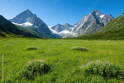 Wallpaper Mural Majestic mountain landscape with snow-capped peaks and lush green meadow Torontodigital.ca