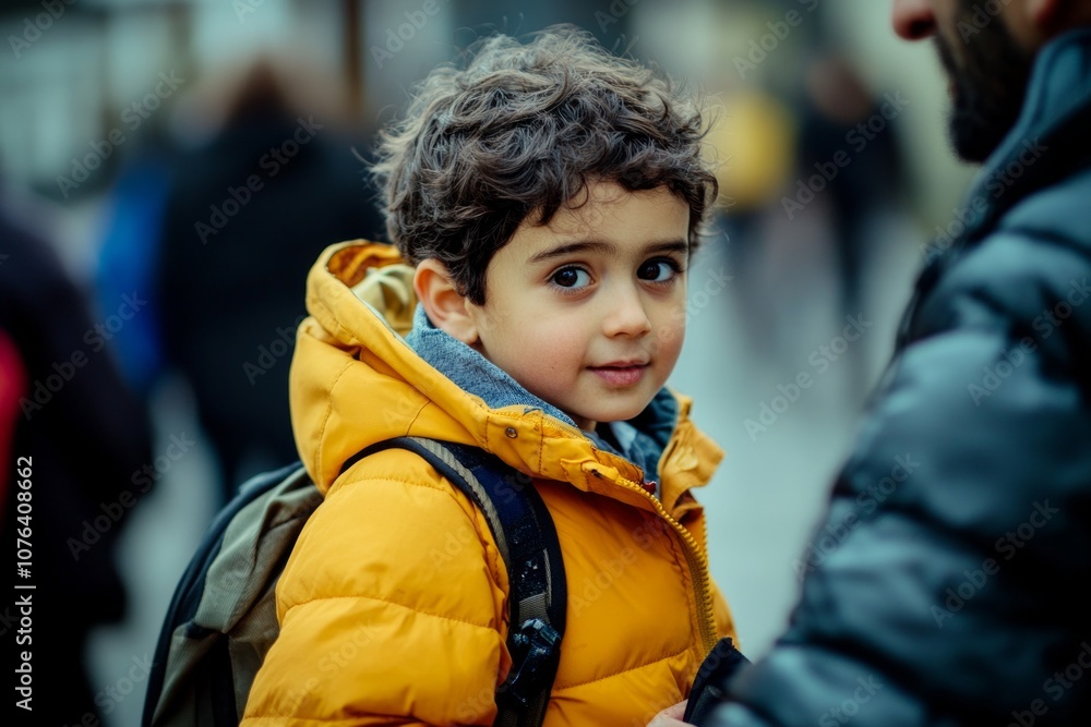 A young boy wearing a bright yellow jacket walks through a busy street. His curious expression captures a moment of wonder. Exploring the world around him. Generative AI A young boy wearing a bright yellow jacket walks through a busy street. His curious expression captures a moment of wonder. Exploring the world around him. Generative AI