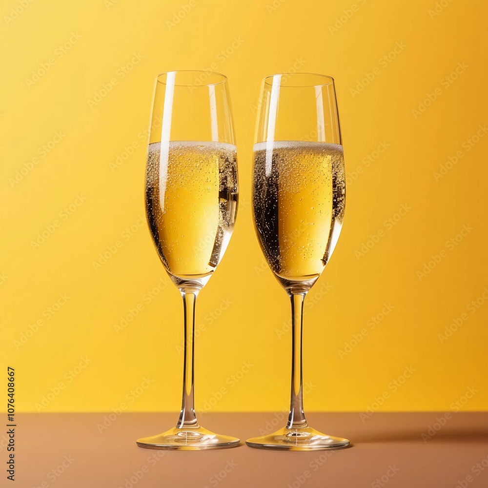 Two elegant champagne flutes filled with bubbly drink against a vibrant yellow background. Two elegant champagne flutes filled with bubbly drink against a vibrant yellow background.
