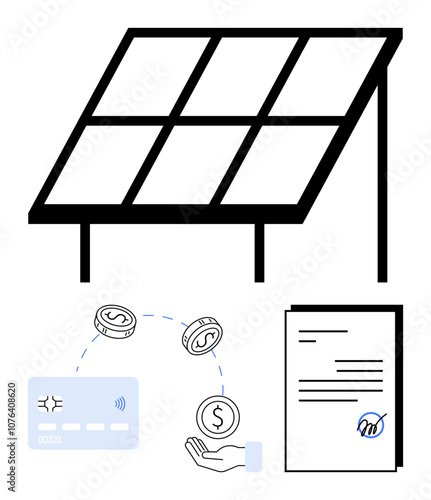 Solar panel with supporting frame, a credit card, coins, a hand, and a signed contract. Ideal for renewable energy, investments, finance sustainability contracts technology payments. Line