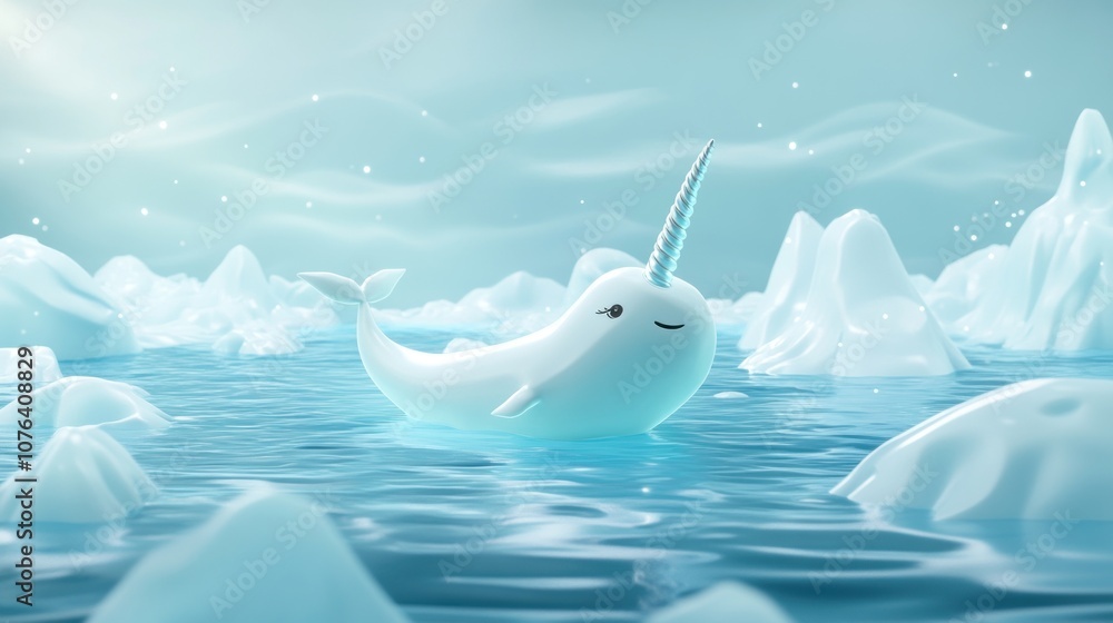 A Cartoon Narwhal Swimming in a Blue Ocean with Icebergs A Cartoon Narwhal Swimming in a Blue Ocean with Icebergs