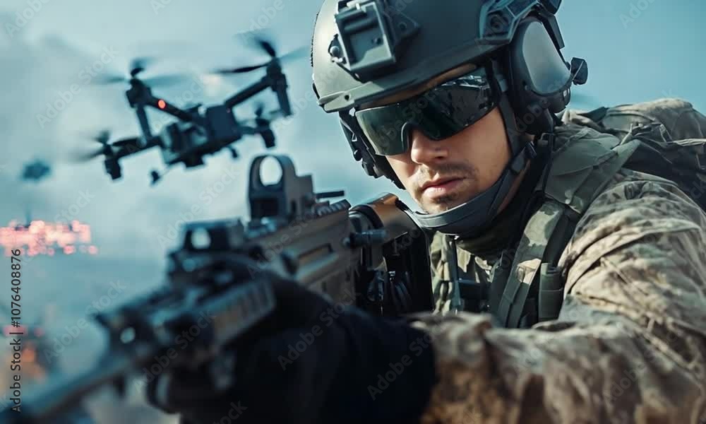 Modern warfare. A soldier in full gear aims a machine gun against the backdrop of a battlefield with a drone, explosions, smoke and military equipment. Modern warfare. A soldier in full gear aims a machine gun against the backdrop of a battlefield with a drone, explosions, smoke and military equipment.