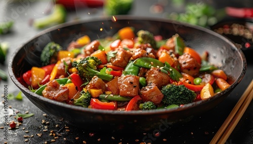 Steaming Wok with Stir-fried Meat and Vegetables