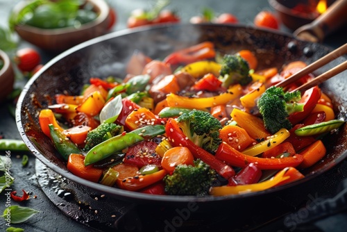 Steaming Stir-Fried Vegetables with Sesame Seeds in a Wok